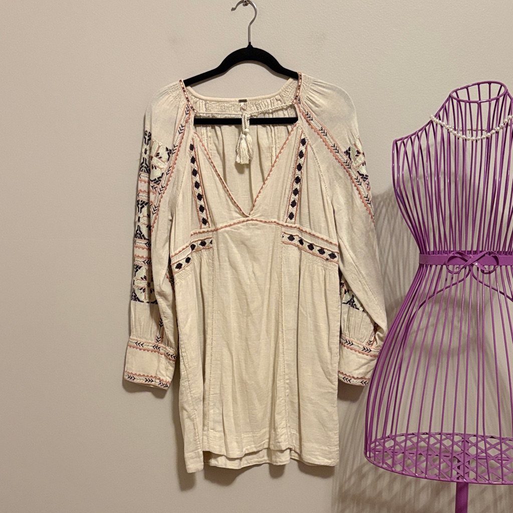 Free People Cream Embroidered Boho Tunic Dress/Coverup